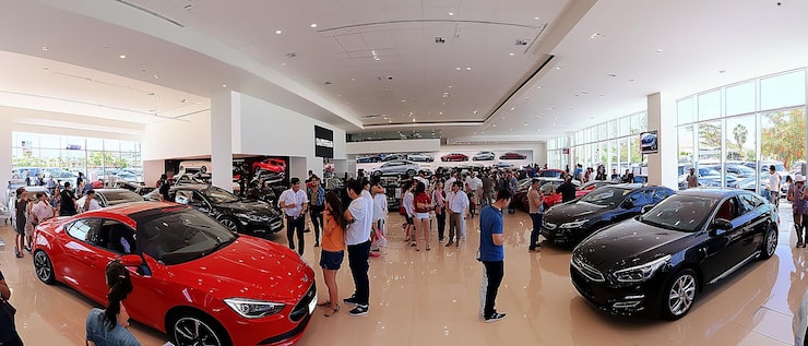 Crowd of people browsing cars inside a busy automotive showroom
